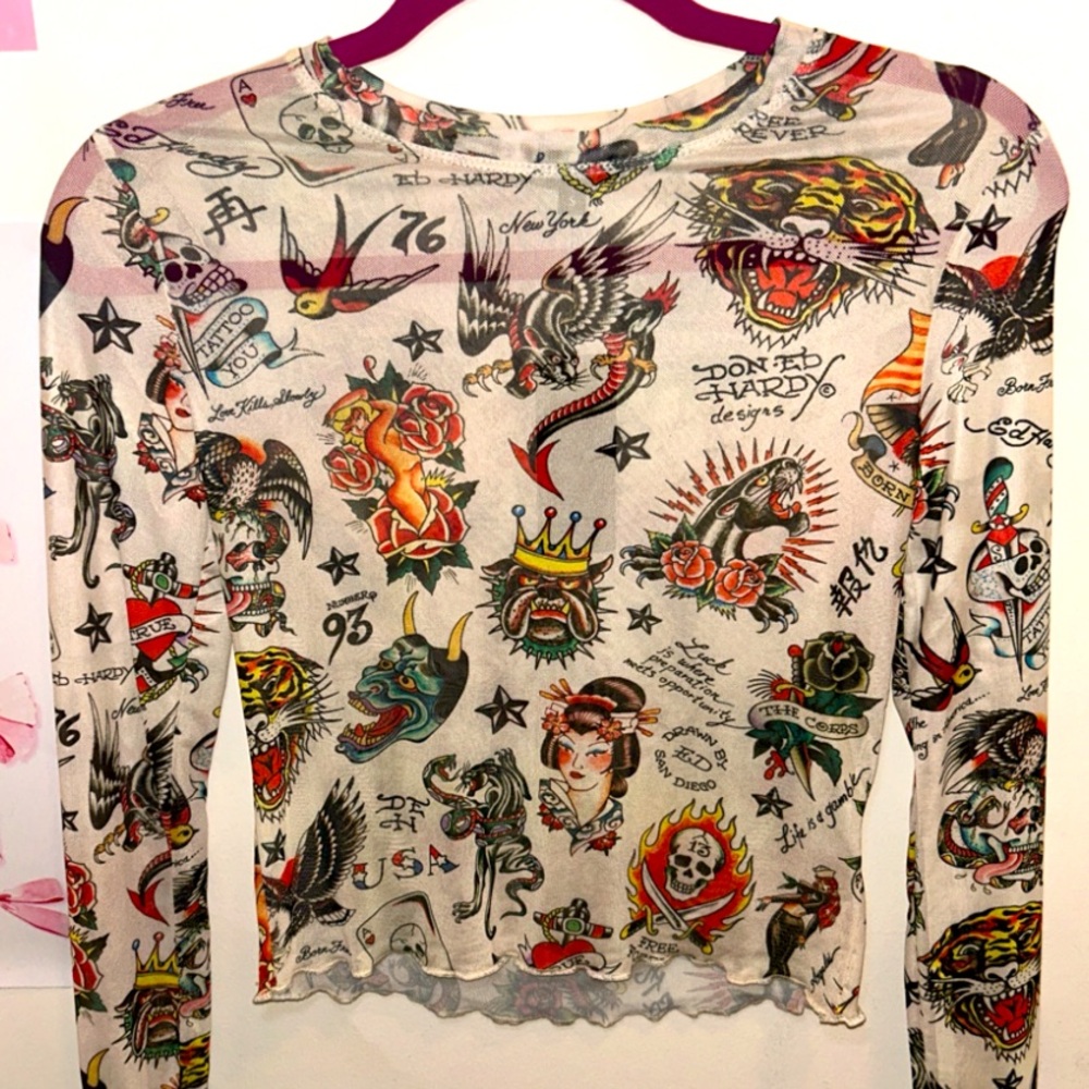 Ed Hardy White Tattoo Graphic Blouse